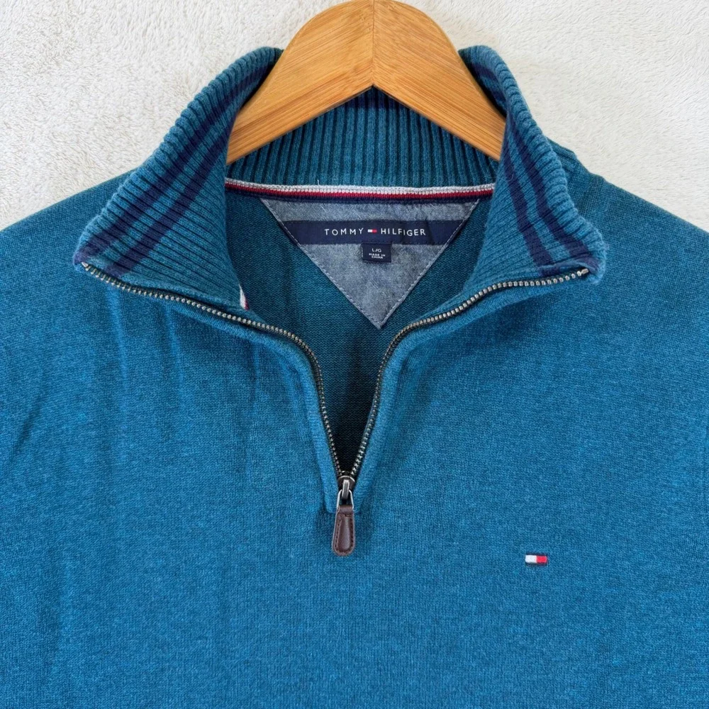 Tommy Hilfiger Mens Teal Blue Heather 1/4 Zip Cotton Pullover Sweater L